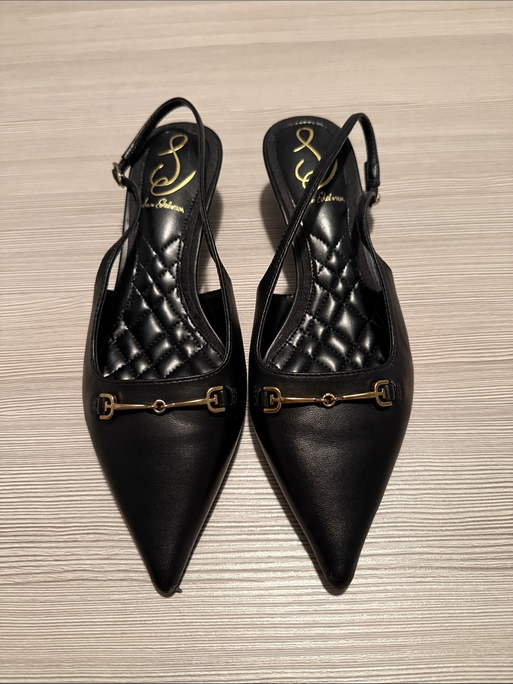Sam Edelman Black Pointed Slingback Kitten Heels with Gold Horsebit